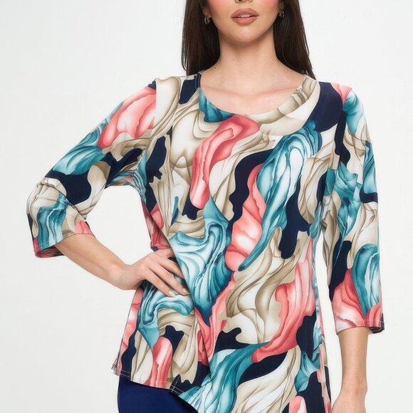 Hit Round Neck 3/4 Sleeve Slit Top - Picture 1 of 6